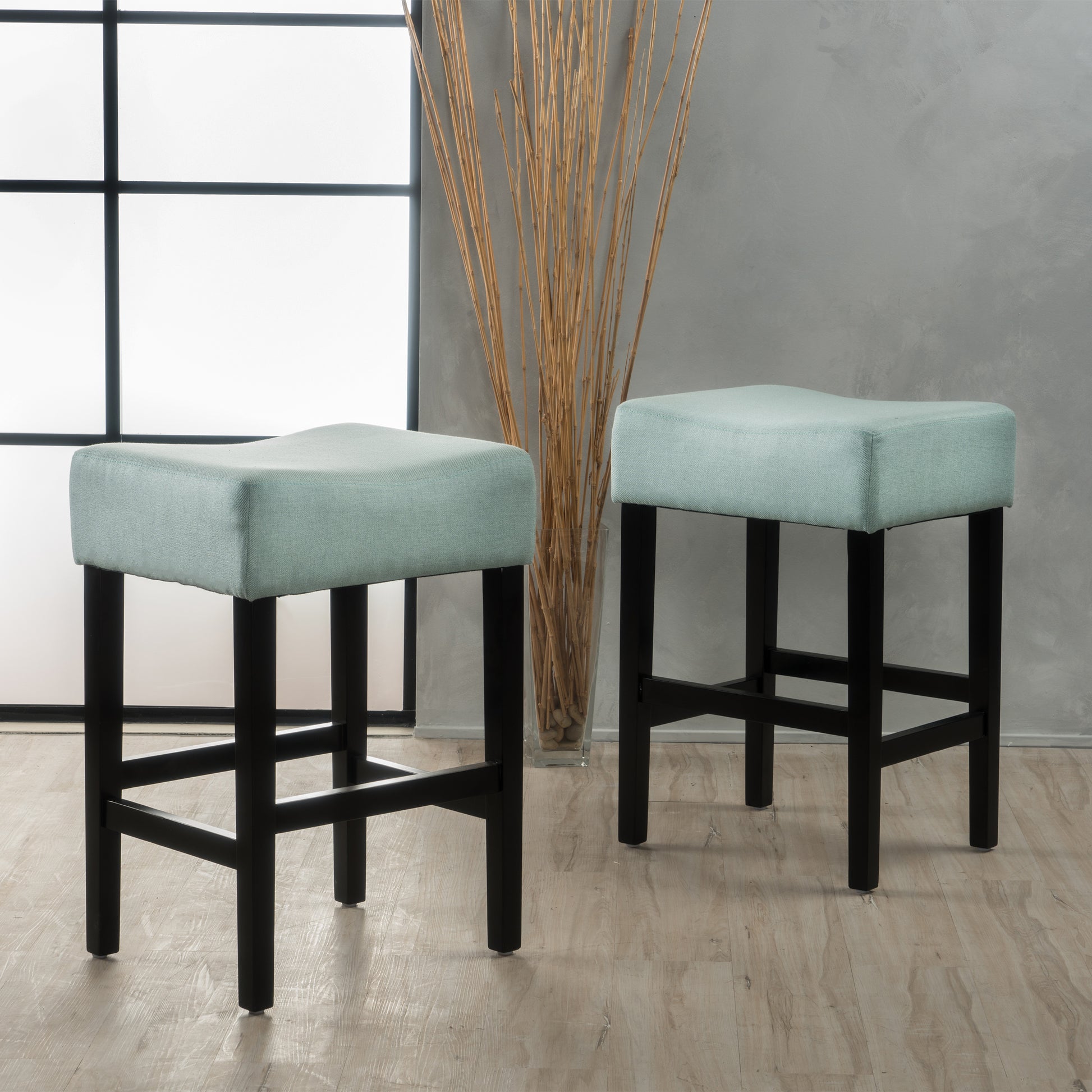 Set Of 2, 26.75" Backless Leather Counter Height Barstool, Light Blue Light Blue Fabric