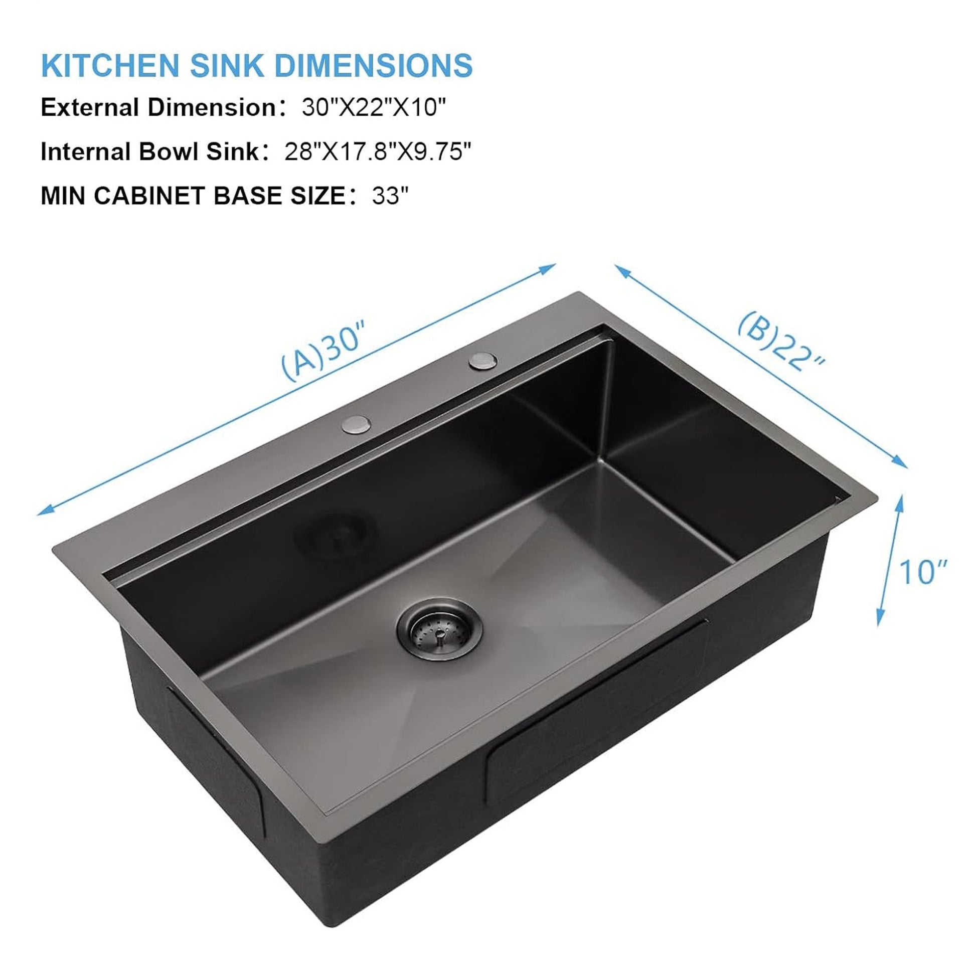 30" X 22" Black Drop In Kitchen Sink, 16 Gauge Stainless Steel Workstation Sink Antique Black Stainless Steel