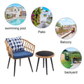 3 Piece Patio Bistro Set With Side Table, Outdoor Pe Rattan Conversation Chair Set,Furniture Of Coffee Table With Glass Top,Cushions & Lumbar Pillows For Garden,Backyard,Balcony Or Poolside Boho Blue Yes Blue Boho Pe Rattan Iron Waterproof Fabric