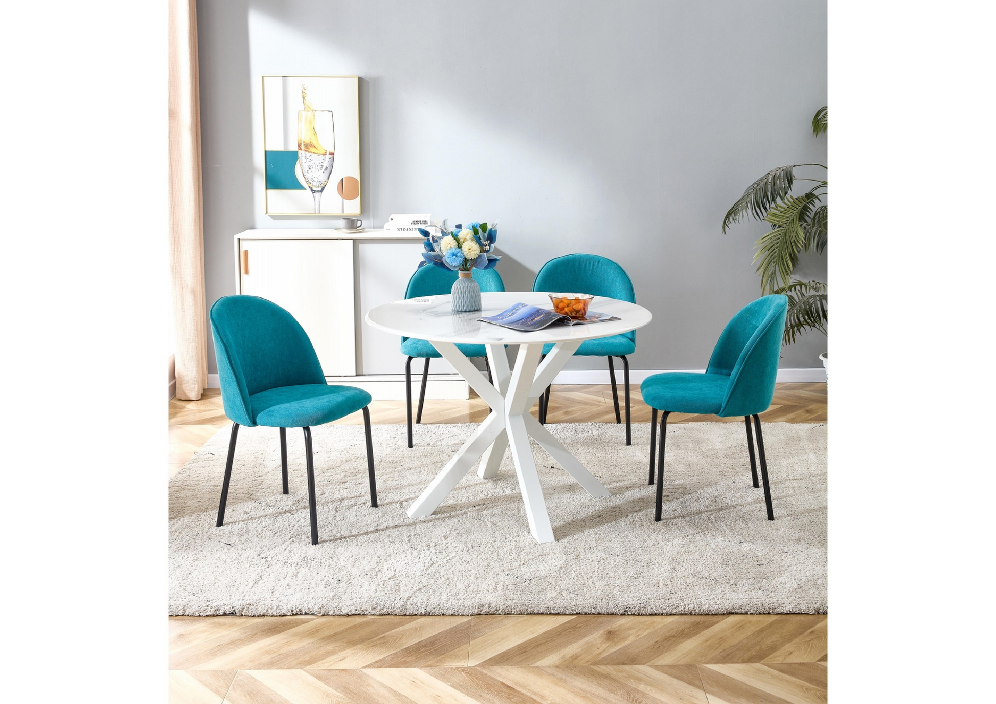 Blue Modern Chair Set Of 2 With Iron Tube Legs, Soft Cushions And Comfortable Backrest, Suitable For Dining Room, Living Room, Cafe Teal Blue Fabric