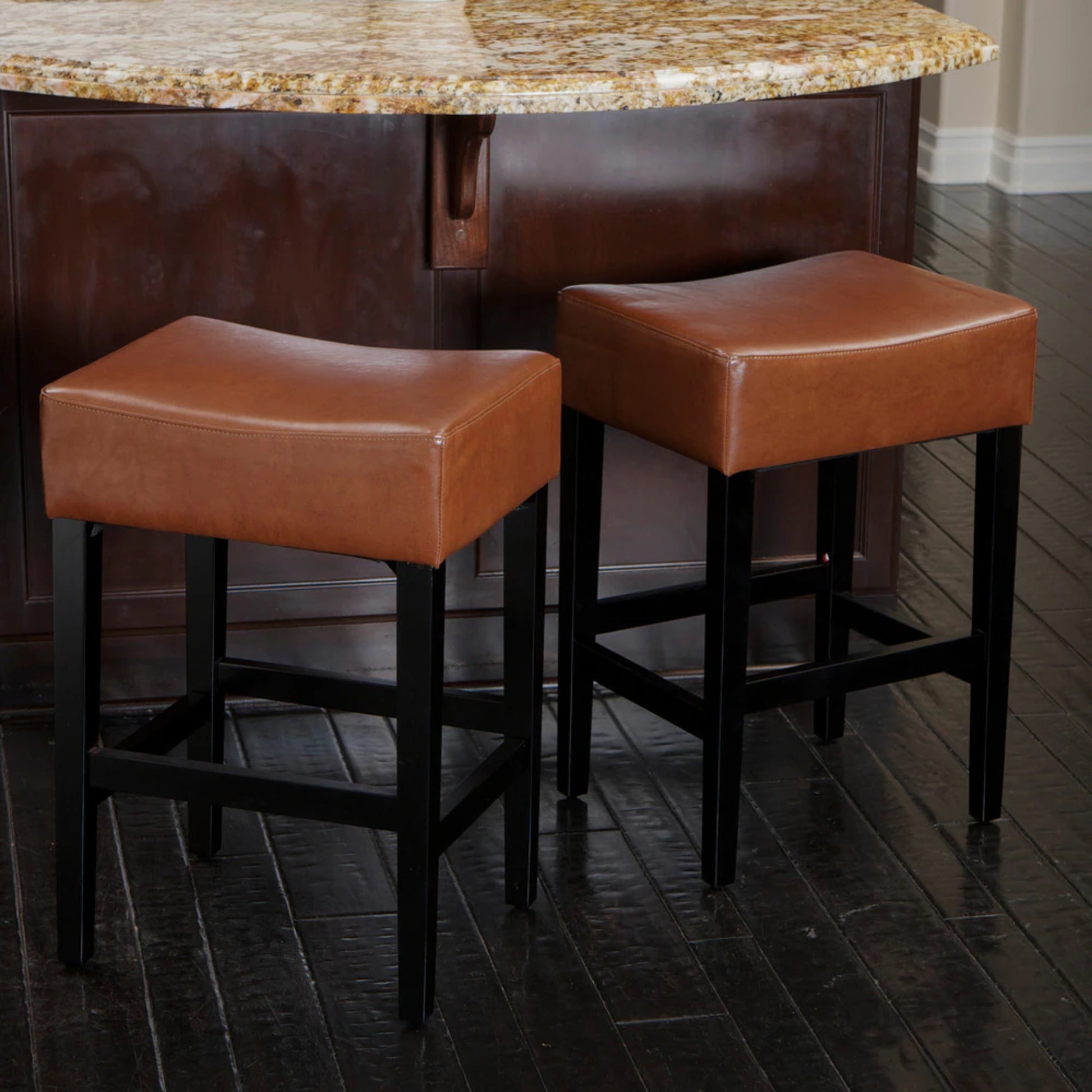Set Of 2, 26.75" Backless Leather Counter Height Barstool, Brown Brown Leather