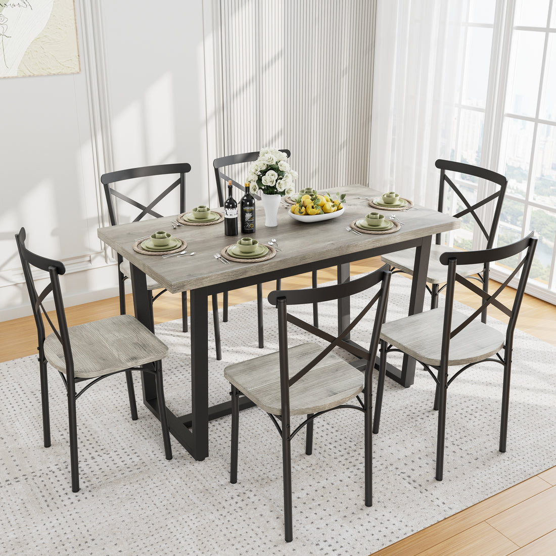 7 Pieces Dining Set 7 Piece Kitchen Table Set Perfect For Kitchen, Breakfast Nook, Living Room Occasions Gray Seats 6 Mdf Iron