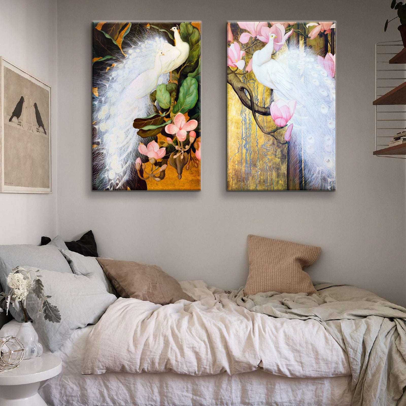 2 Panels Framed Elegant White Peacock Canvas Wall Art Decor,2 Pieces Mordern Canvas Decoration Painting For Office,Dining Room,Living Room, Bedroom Decor Ready To Hang Rectangle Framed Multicolor Oversized 41In Canvas Animals