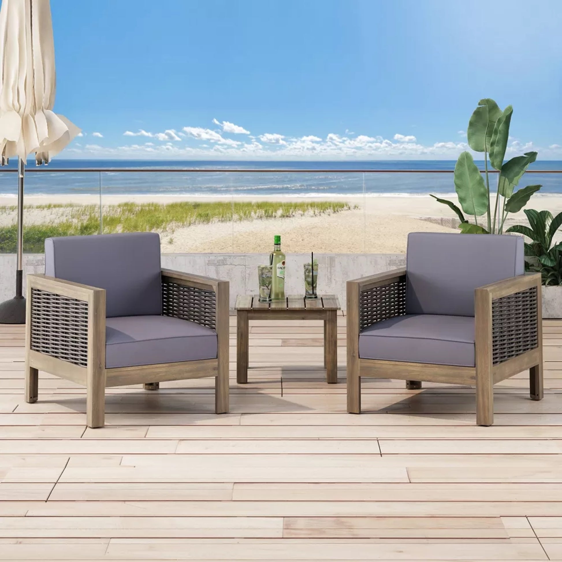 Set Of 2, Outdoor Acacia Wood Club Chair With Wicker Accents, Gray Mixed Gray Brown, 30.25"D X 27.5"W X 23.75"H Gray Acacia Wood