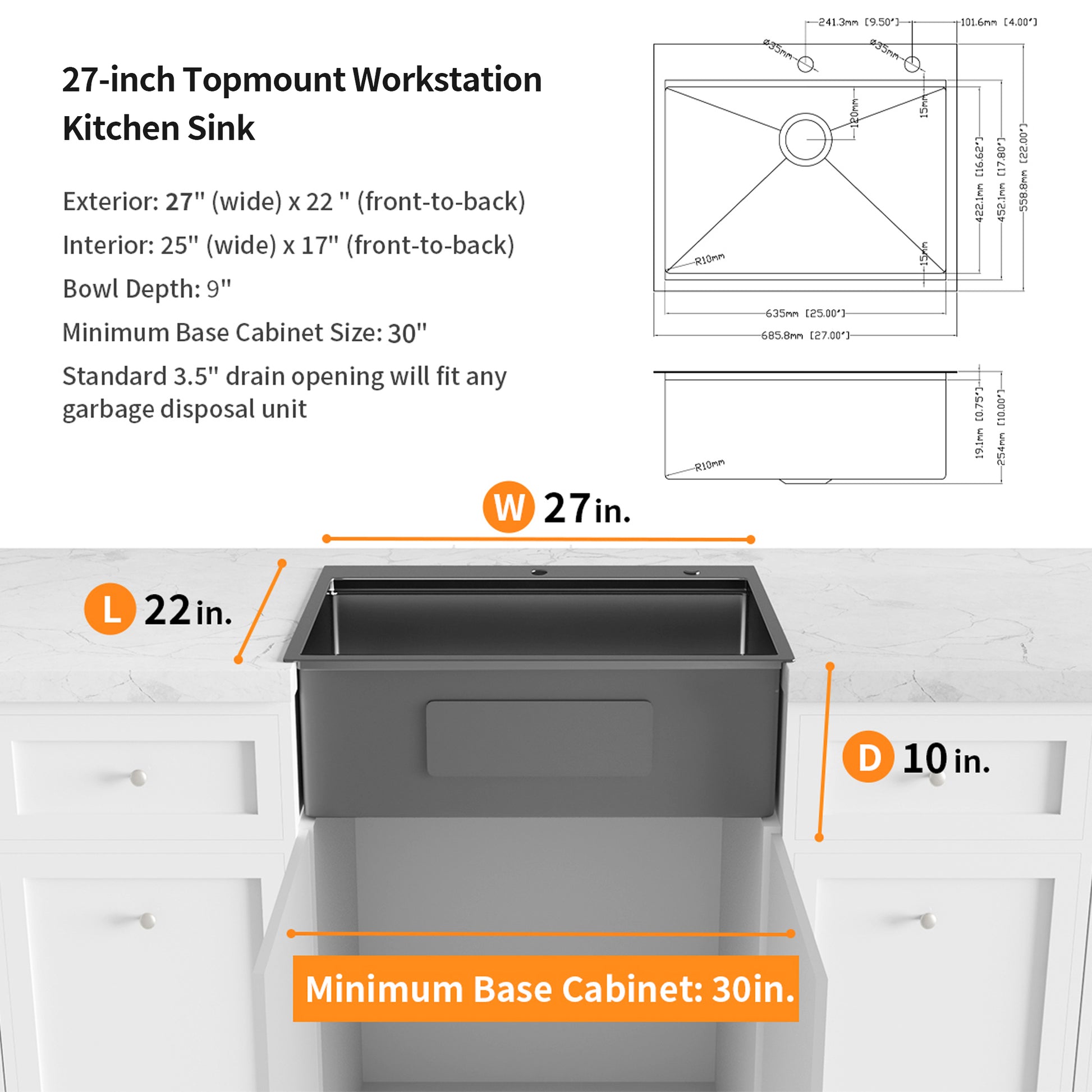 27" X 22" Drop In Kitchen Sink Gunmetal Black, 16 Gauge Stainless Steel Workstation Sink Black Stainless Steel