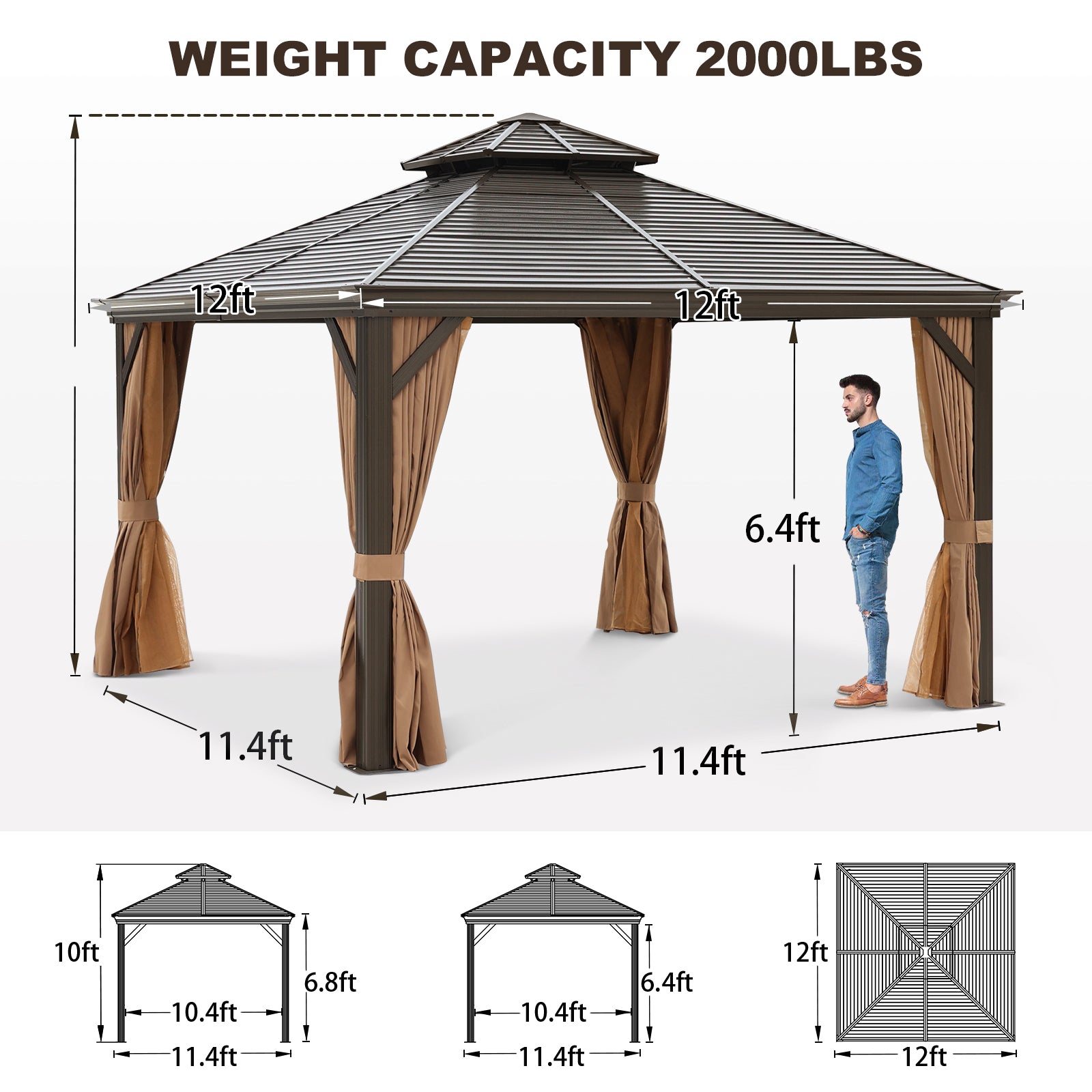 12X12Ft Galvanized Steel Gazebos With Netting & Curtains Brown Square Garden & Outdoor Uv Resistant Gazebos Anchored Aluminium Alloy