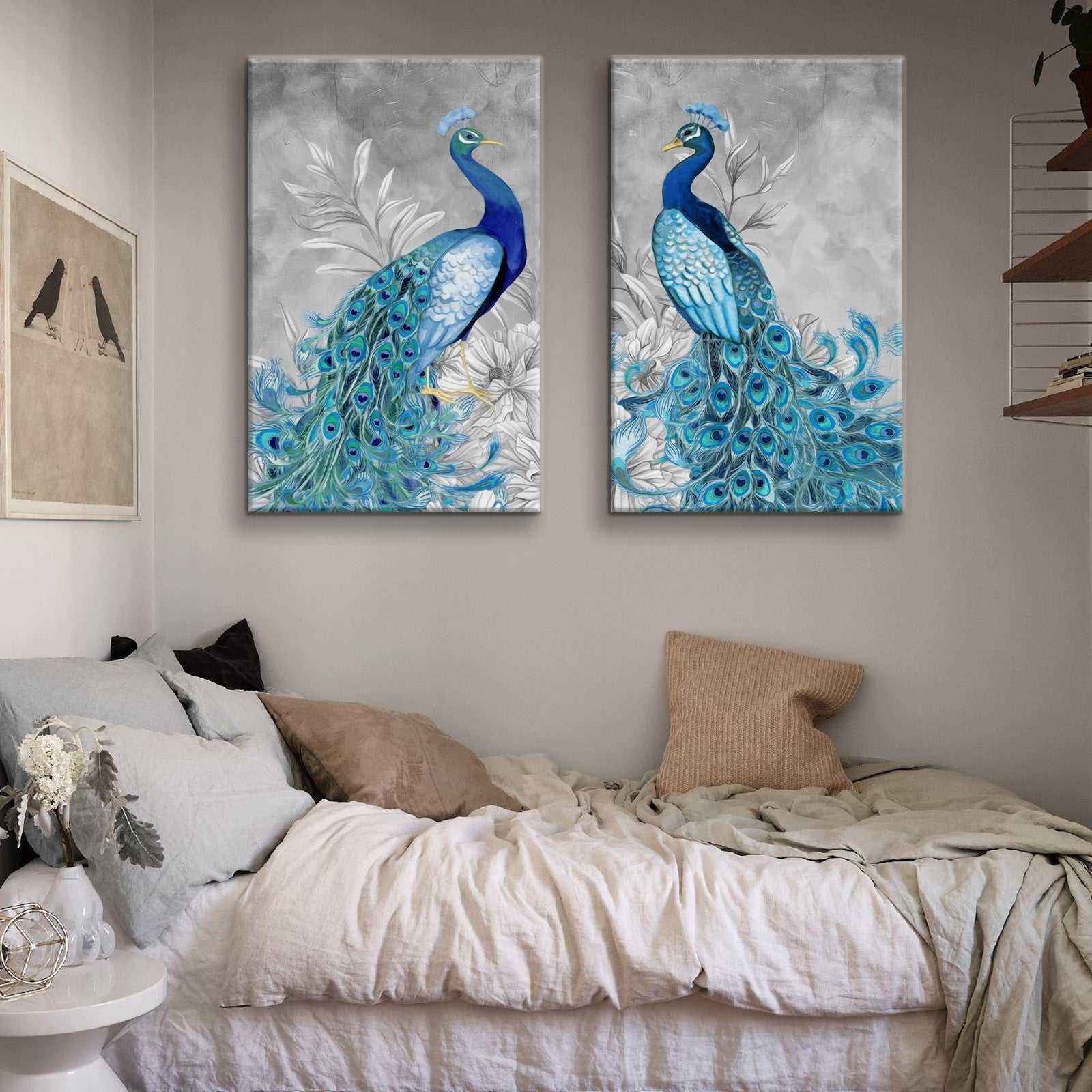 2 Panels Framed Elegant Blue Peacock Canvas Wall Art Decor,2 Pieces Mordern Canvas Decoration Painting For Office,Dining Room,Living Room, Bedroom Decor Ready To Hang Rectangle Framed Multicolor