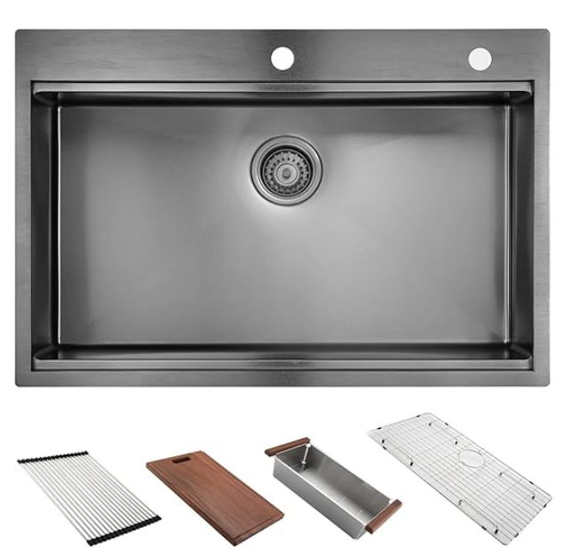 30" X 22" Black Drop In Kitchen Sink, 16 Gauge Stainless Steel Workstation Sink Antique Black Stainless Steel