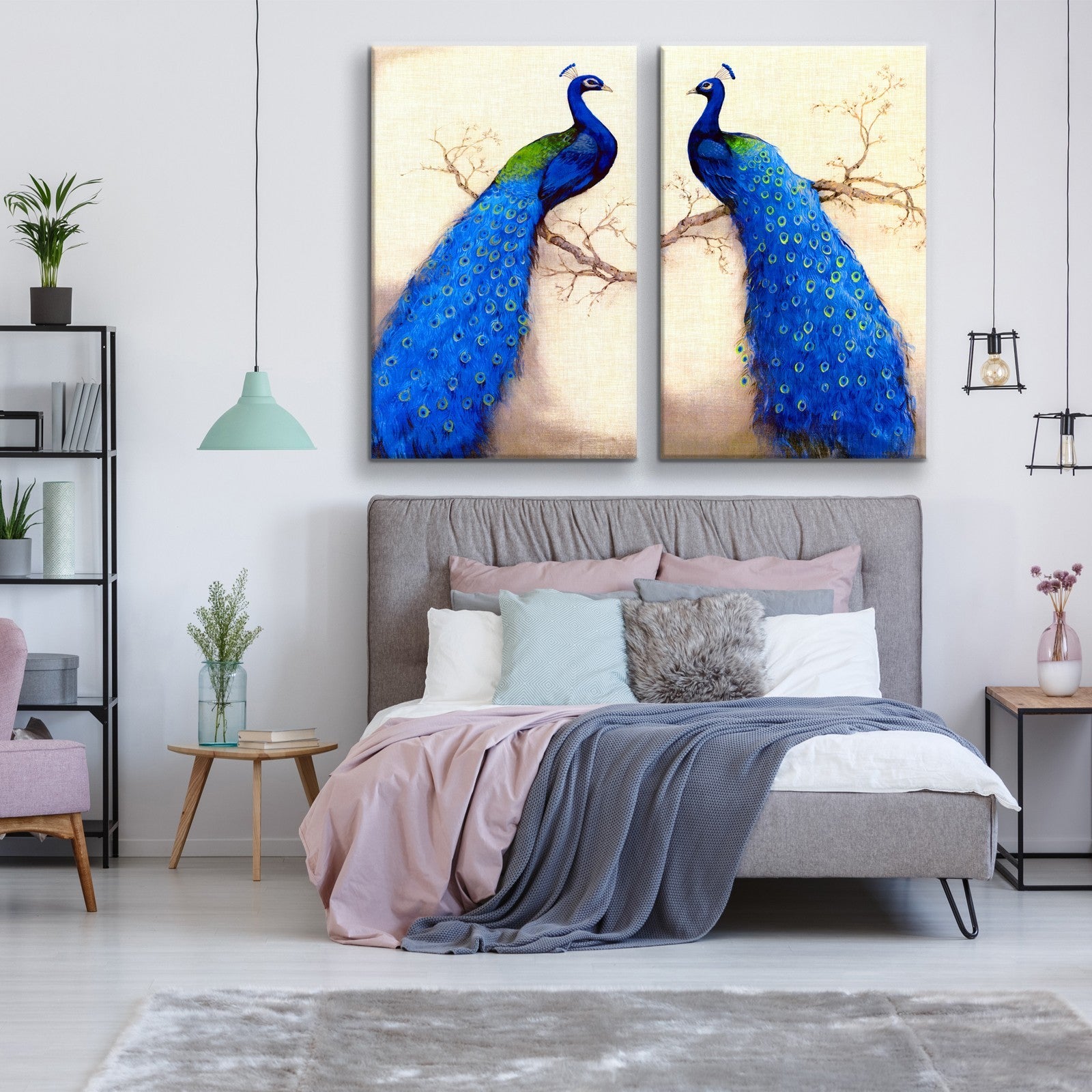 2 Panels Framed elegant Blue peacock Canvas Wall Art rectangle-framed-multicolor-oversized