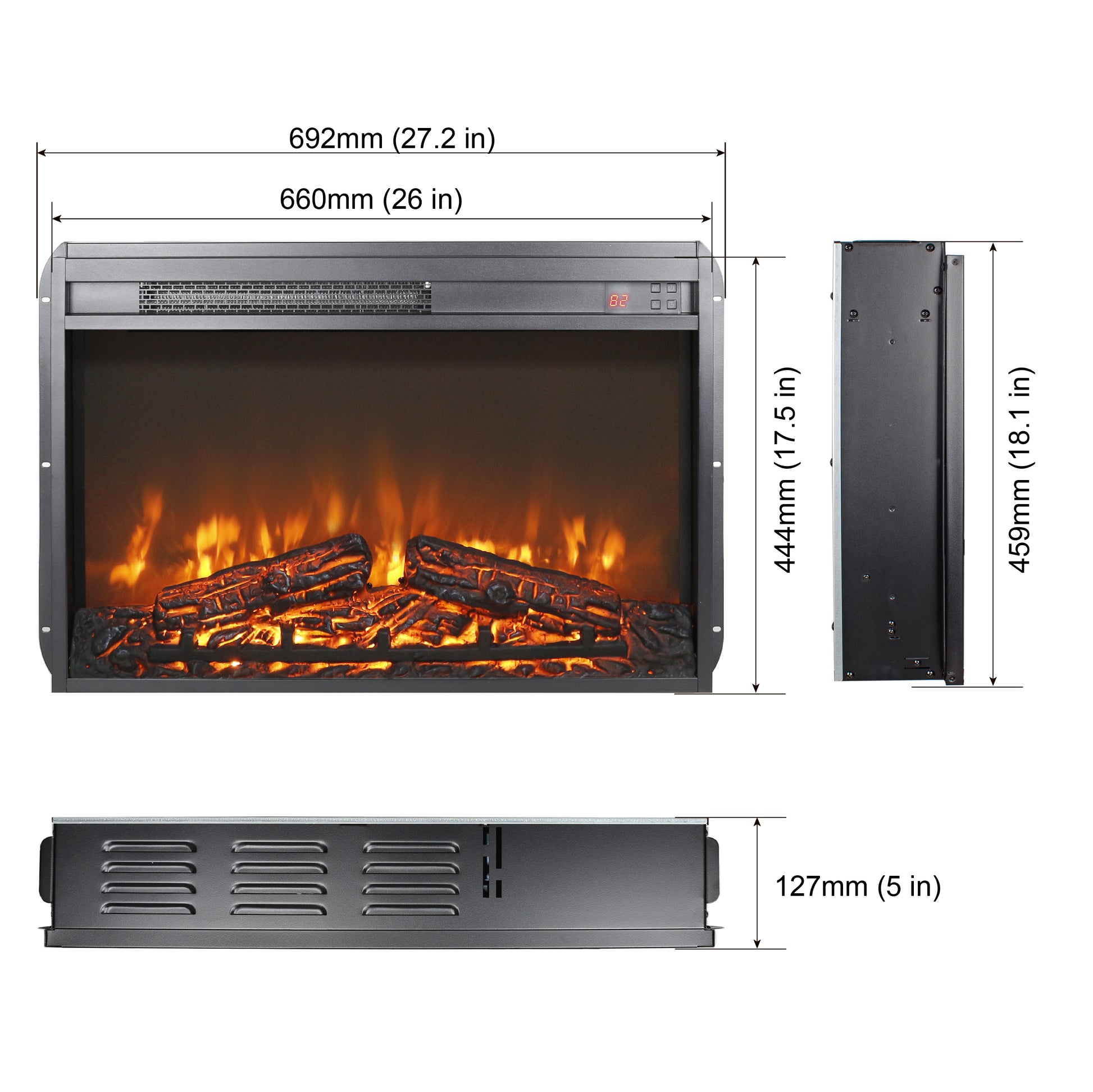 26 Inch Electric Fireplace Insert, Ultra Thin Heater With Log Set & Realistic Flame, Remote Control With Timer, Overheating Protection Antique Black Tempered Glass Sheet Metal Plastic