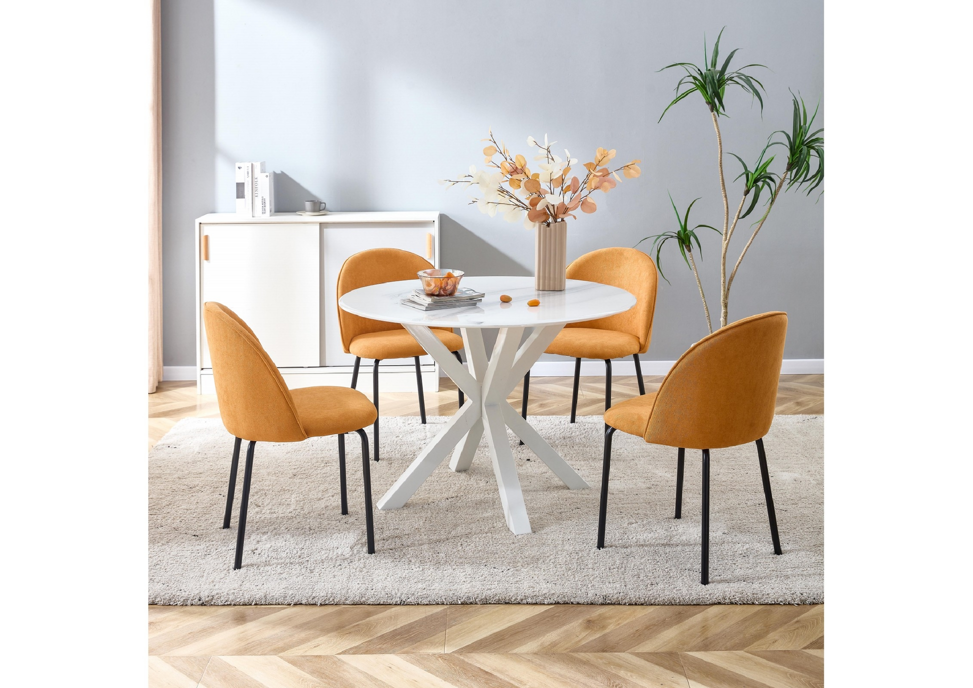 Orange Modern Chair Set Of 2 With Iron Tube Legs, Soft Cushions And Comfortable Backrest, Suitable For Dining Room, Living Room, Cafe,Hairball Back Orange Fabric