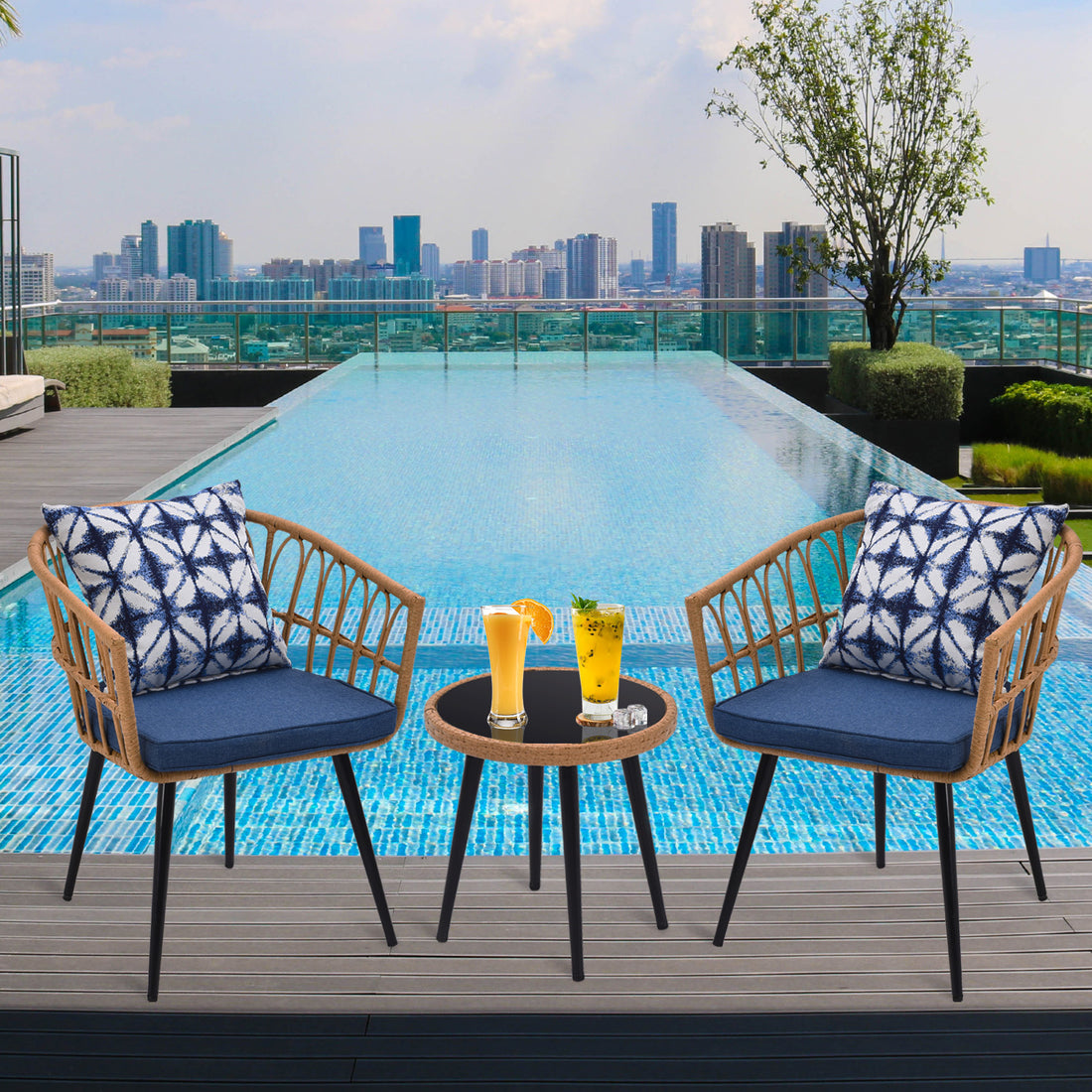 3 Piece Patio Bistro Set With Side Table, Outdoor Pe Rattan Conversation Chair Set,Furniture Of Coffee Table With Glass Top,Cushions & Lumbar Pillows For Garden,Backyard,Balcony Or Poolside Boho Blue Yes Blue Boho Pe Rattan Iron Waterproof Fabric