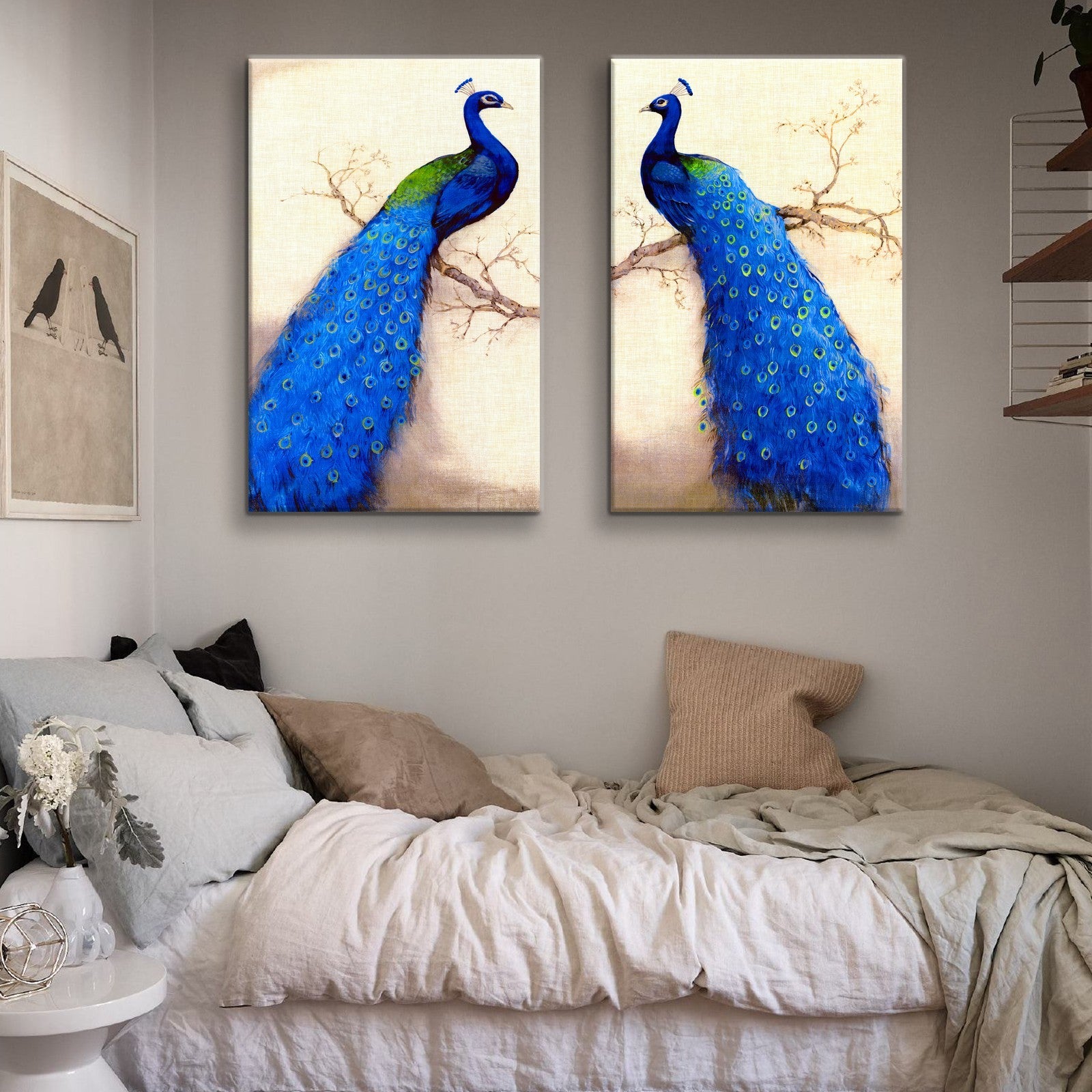 2 Panels Framed elegant Blue peacock Canvas Wall Art rectangle-framed-multicolor-oversized