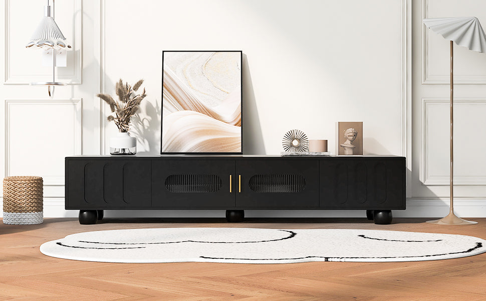 Modern Tv Stand For Tvs Up To 80 Inches, Entertainment Center With Glass Door, 2 Drawers And Cabinets, Wood Tv Storage Cabinet With Solid Wood Legs And Metal Handles For Living Room Black Mdf