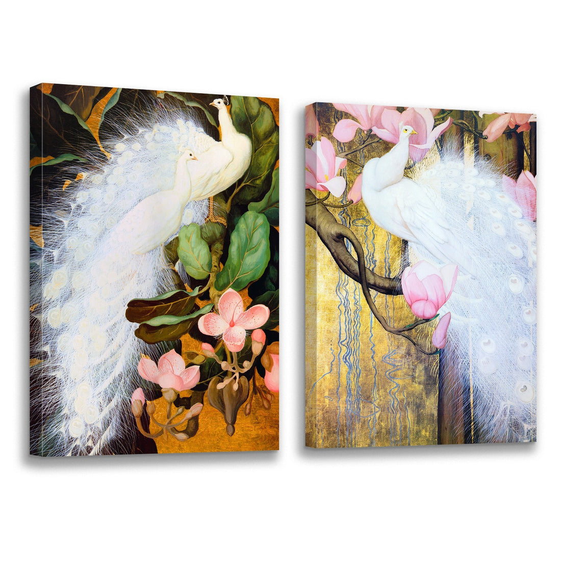 2 Panels Framed elegant White peacock Canvas Wall