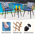 3 Piece Patio Bistro Set With Side Table, Outdoor Pe Rattan Conversation Chair Set,Furniture Of Coffee Table With Glass Top,Cushions & Lumbar Pillows For Garden,Backyard,Balcony Or Poolside Boho Blue Yes Blue Boho Pe Rattan Iron Waterproof Fabric