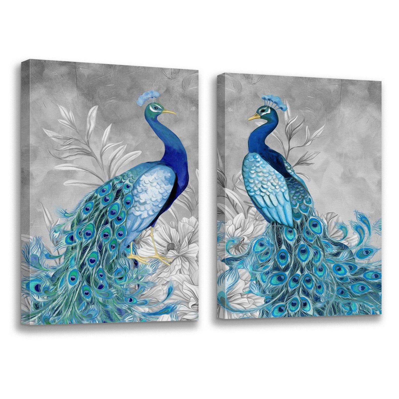 2 Panels Framed Elegant Blue Peacock Canvas Wall Art Decor,2 Pieces Mordern Canvas Decoration Painting For Office,Dining Room,Living Room, Bedroom Decor Ready To Hang Rectangle Framed Multicolor
