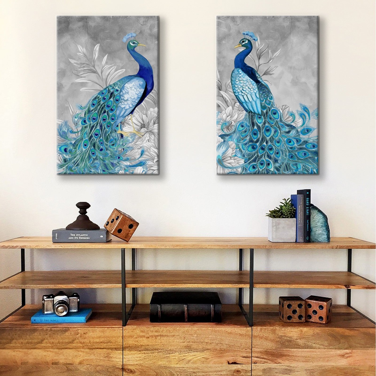 2 Panels Framed Elegant Blue Peacock Canvas Wall Art Decor,2 Pieces Mordern Canvas Decoration Painting For Office,Dining Room,Living Room, Bedroom Decor Ready To Hang Rectangle Framed Multicolor