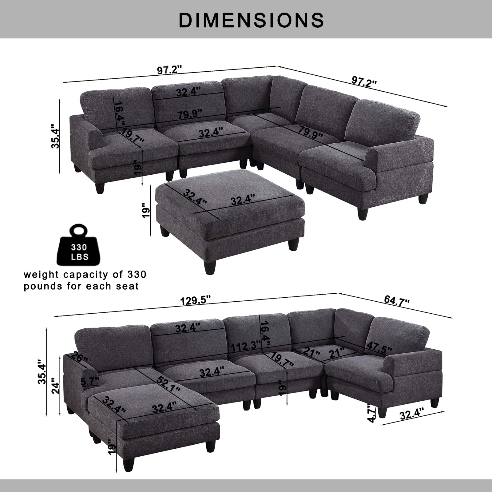 Modular Sofa, Sectional Couch U Shaped Sofa Couch With Ottoman, 6 Seat Chenille Corner Sofa For Living Room, Dark Gray Dark Gray Chenille Cushion Back Foam Plywood 6 Seat