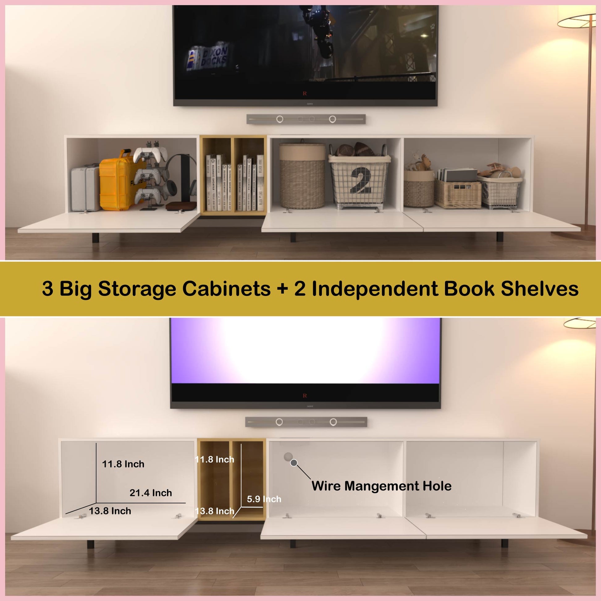 Video Tv Console With Big Storage Cabinets, Modern Tv Stand With Yellow And Ivory Contrasting Colors, Wireless Charging Entertainment Center For Living Room And Bedroom White, For 80 Inches White White Primary Living Space 70 79 Inches 70 79 Inches