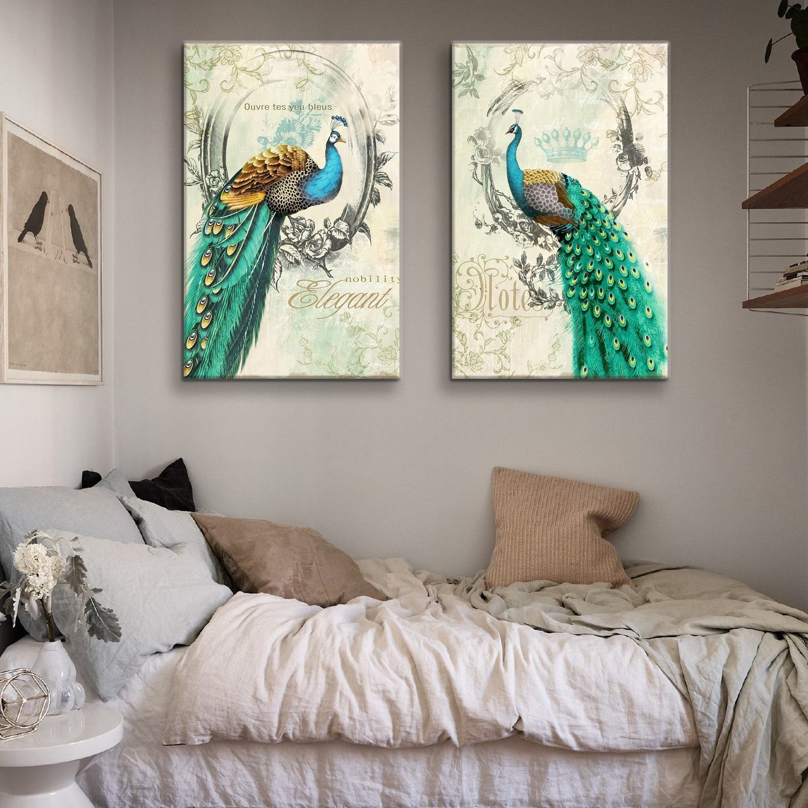 2 Panels Framed Elegant Green Peacock Canvas Wall Art Decor,2 Pieces Mordern Canvas Decoration Painting For Office,Dining Room,Living Room, Bedroom Decor Ready To Hang Rectangle Framed Multicolor Oversized 41In Canvas Animals