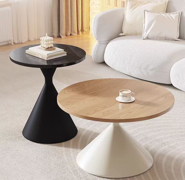 Set Of 2 Coffee Round Tables With A Wulnut Wooden Look Top And White Steel Base Milk White Primary Living Space Antique Freestanding Round Laminated Coffee & End Tables Round Metal