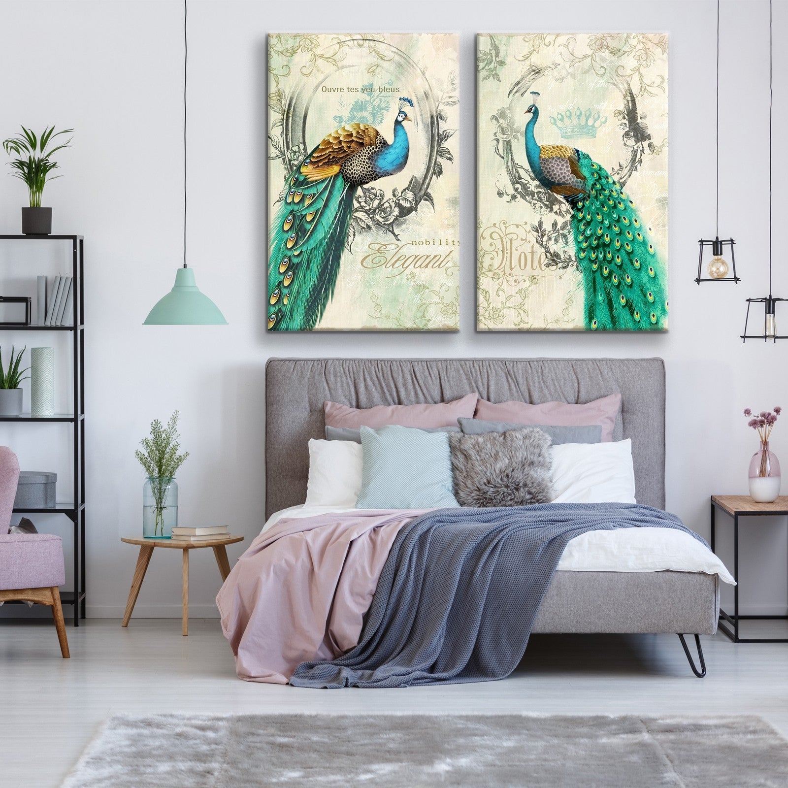 2 Panels Framed Elegant Green Peacock Canvas Wall Art Decor,2 Pieces Mordern Canvas Decoration Painting For Office,Dining Room,Living Room, Bedroom Decor Ready To Hang Rectangle Framed Multicolor Oversized 41In Canvas Animals