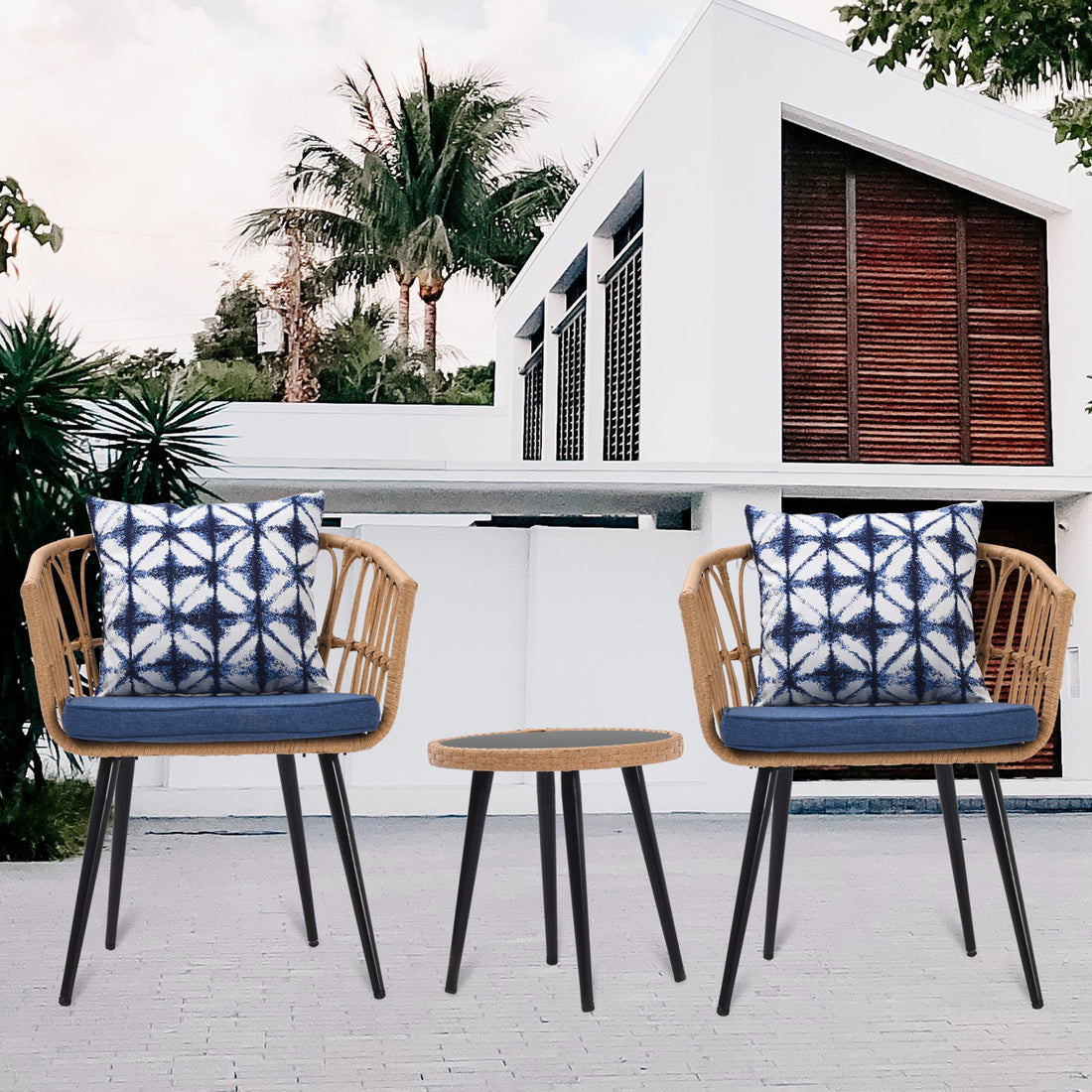 3 Piece Patio Bistro Set With Side Table, Outdoor Pe Rattan Conversation Chair Set,Furniture Of Coffee Table With Glass Top,Cushions & Lumbar Pillows For Garden,Backyard,Balcony Or Poolside Boho Blue Yes Blue Boho Pe Rattan Iron Waterproof Fabric