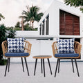 3 Piece Patio Bistro Set With Side Table, Outdoor Pe Rattan Conversation Chair Set,Furniture Of Coffee Table With Glass Top,Cushions & Lumbar Pillows For Garden,Backyard,Balcony Or Poolside Boho Blue Yes Blue Boho Pe Rattan Iron Waterproof Fabric