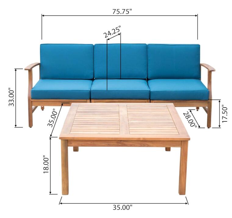 Perla 3 Seater Sofa And Table Set, Blue Blue Acacia Wood