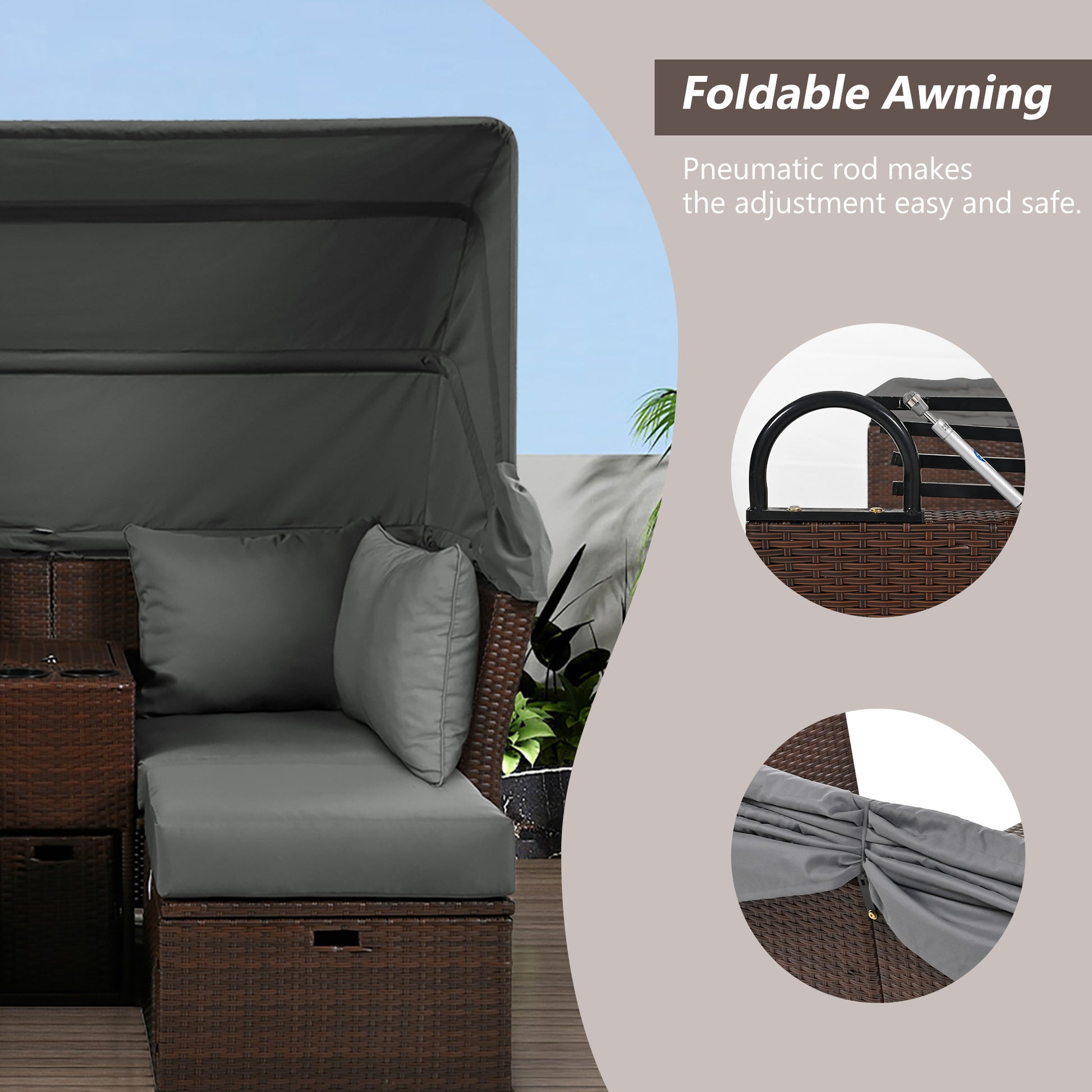 2 Seater Outdoor Patio Daybed Outdoor Double Daybed Outdoor Loveseat Sofa Set With Foldable Awning And Cushions For Garden, Balcony, Poolside, Grey Yes Grey Water Resistant Frame Water Resistant Cushion Garden & Outdoor Sectional Seating Groups Foam