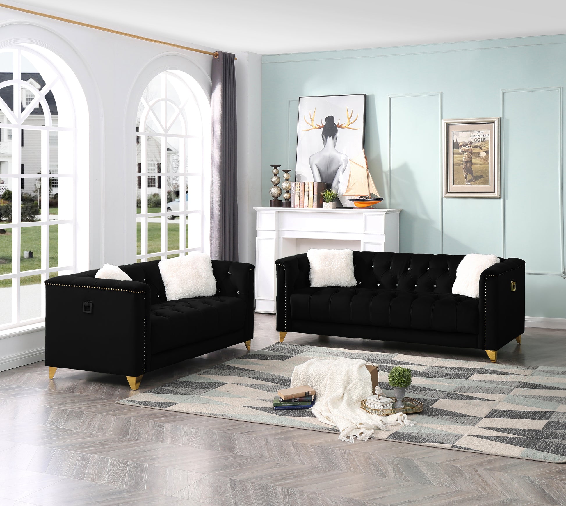 2 Piece Living Room Set Black Black Velvet 5 Seat