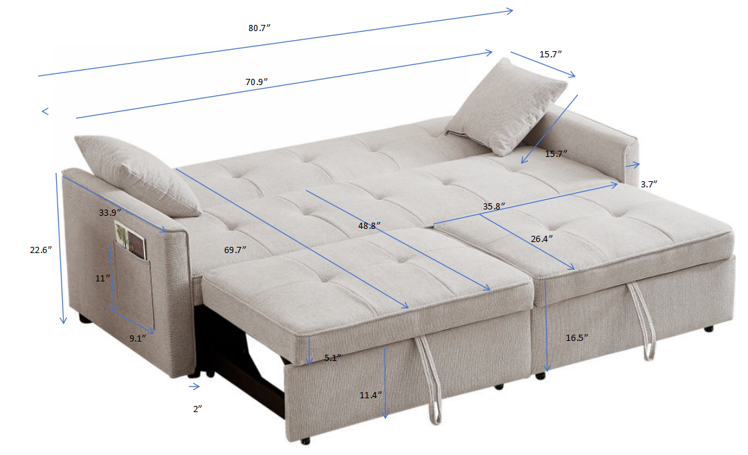 83.47 Inch Large Size Ivory Fabric 3 In 1 Convertible Sleeper Sofa Bed, For Living Room, Bedroom, Apartment, Office Ivory Fabric