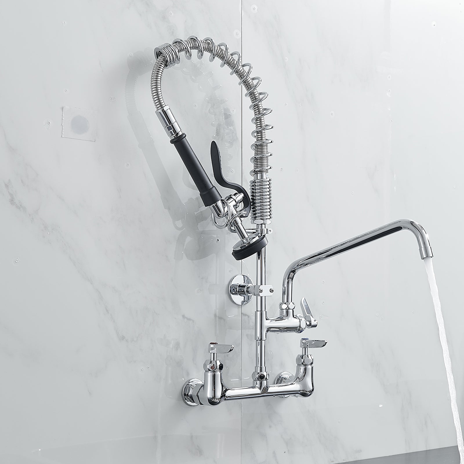 Commercial Kitchen Faucet Deck Mount With Pre Rinse Sprayer 21" Height Kitchen Sink Faucet 8 Inch Center With 10" Add On Swing Spout Faucet & Coiled Spring Pull Down Spray Chrome Kitchen