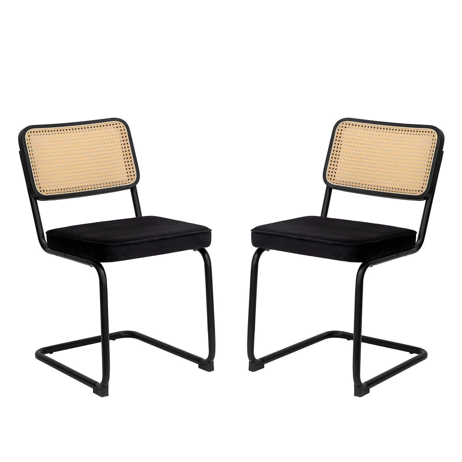 Dining Chairs Set Of 2, Velvet Rattan Side Accent Chairs With Black Painted Legs, Modern Mid Century Breuer Designed Chairs, Upholstered Dining Living Room Kitchen Chairs Black Fabric Metal