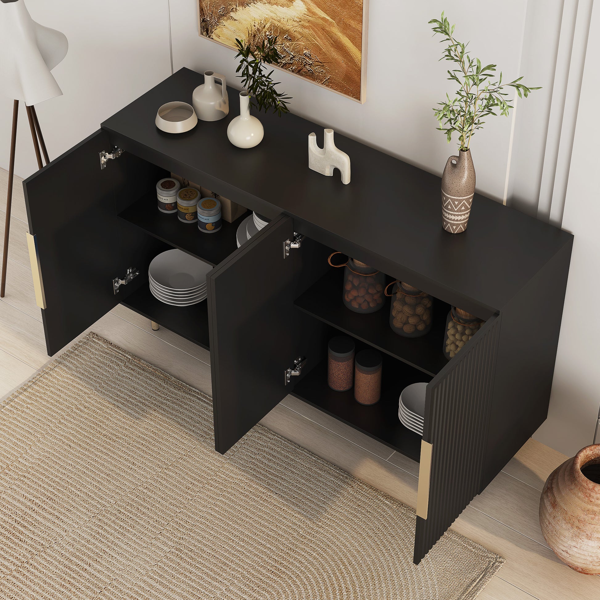 Black Modern Buffet Cabinet With Storage, Fluted Sideboard Large Buffet With Adjustable Shelves, Credenza, Accent Cabinet Console Table Black Mdf