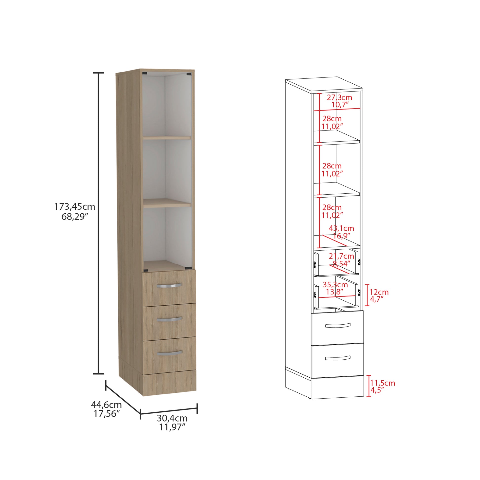 Vanguard Linen Cabinet, Three Shelves, Four Drawers Light Pine White 3 Multicolor 3 60 In & Above Bathroom Freestanding Modern Particle Board Particle Board