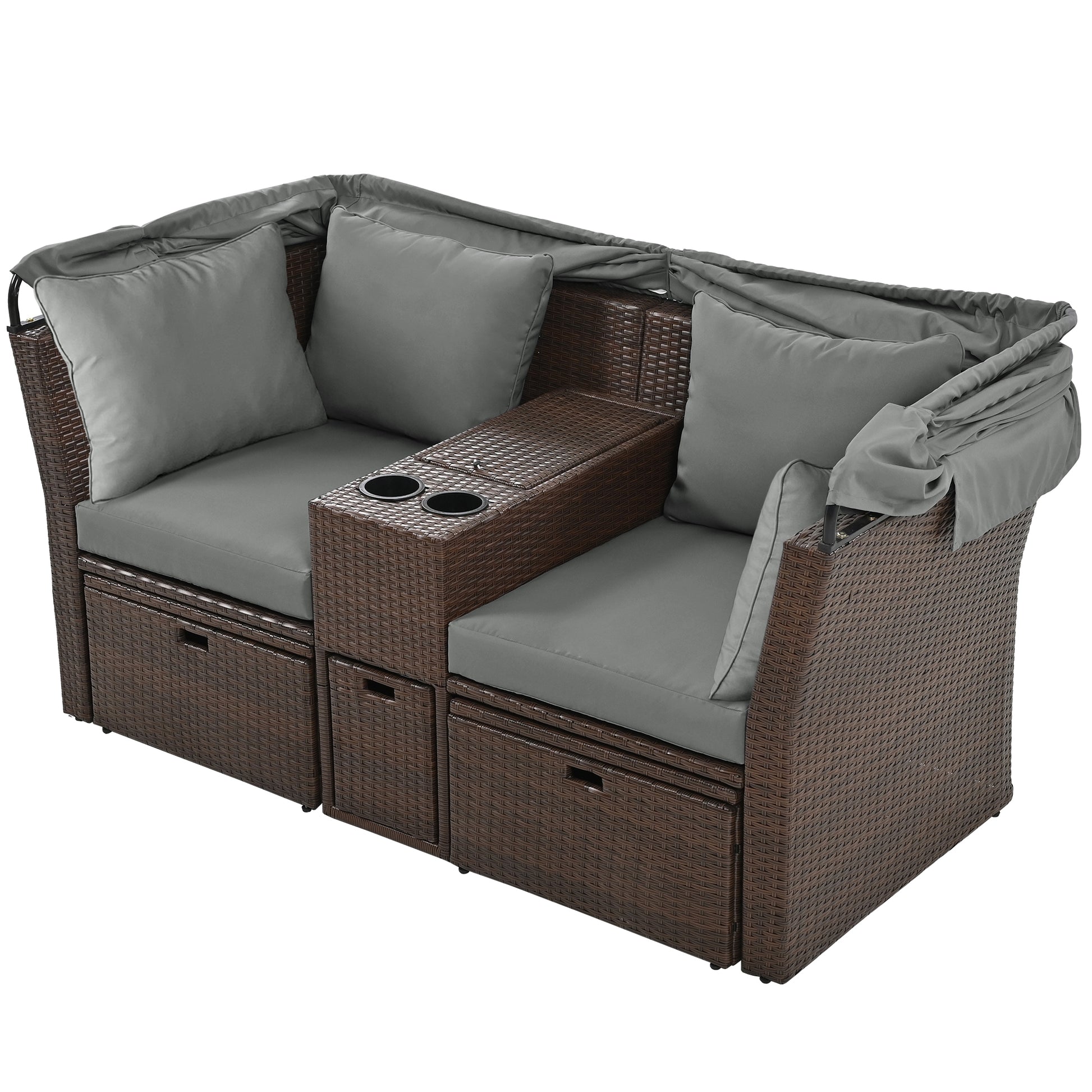2 Seater Outdoor Patio Daybed Outdoor Double Daybed Outdoor Loveseat Sofa Set With Foldable Awning And Cushions For Garden, Balcony, Poolside, Grey Yes Grey Water Resistant Frame Water Resistant Cushion Garden & Outdoor Sectional Seating Groups Foam