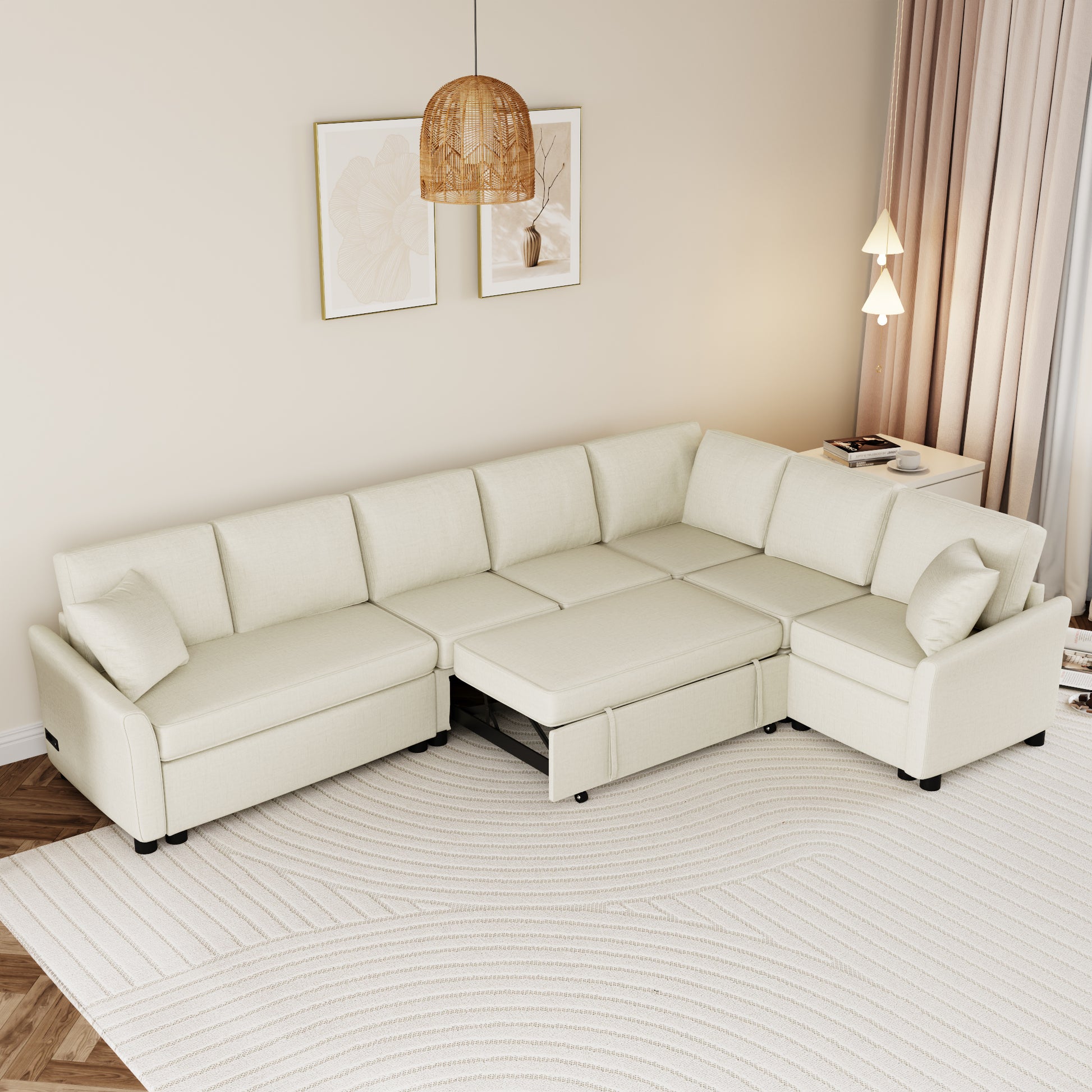 124.8"L Shaped Sofa Convertible Sofa Bed Pull Out Sofa Sleeper With Two Back Pillows, Two Usb Ports And Two Power Sockets For Living Room, Beige Old Sku:Sg000890Aaa Beige Foam Chenille 6 Seat