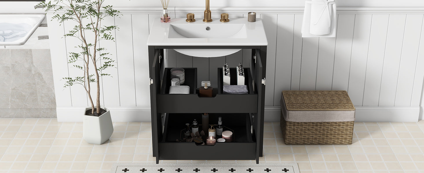 30Inch Freestanding Bathroom Vanity Combo With Ceramic Sink Shaker Style Vanities 2 Doors And 2 Drawers Black Bathroom Solid Wood Mdf