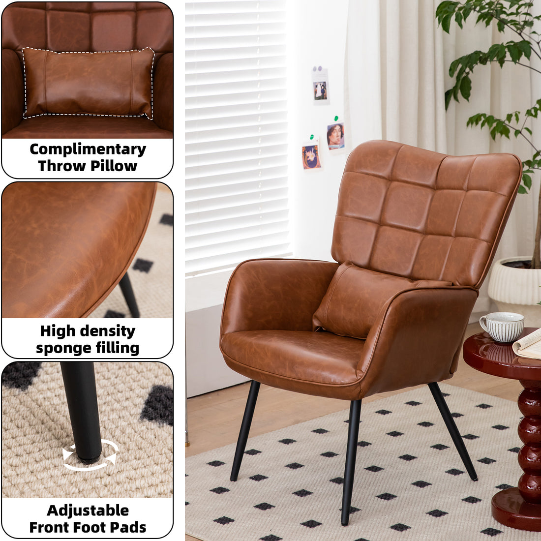Bonded Leather Armchair, Modern Accent Chair High Back, Living Room Chairs With Metal Legs And Soft Padded, Sofa Chairs For Home Office,Bedroom,Dining Room Brown 1Pc Brown Bonded Leather