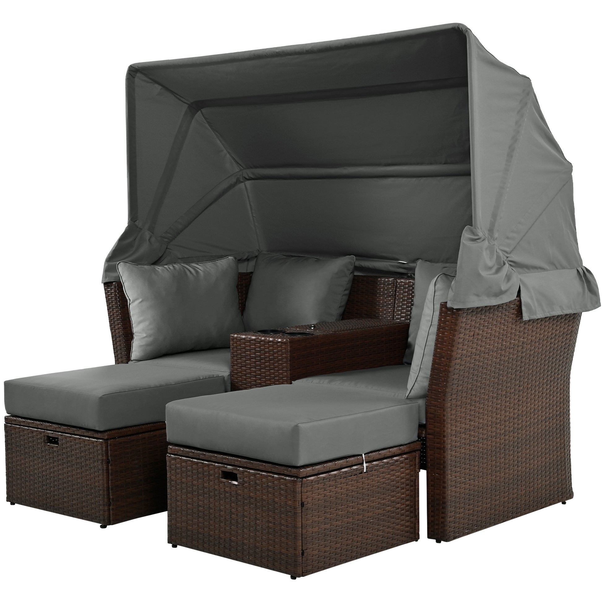 2 Seater Outdoor Patio Daybed Outdoor Double Daybed Outdoor Loveseat Sofa Set With Foldable Awning And Cushions For Garden, Balcony, Poolside, Grey Yes Grey Water Resistant Frame Water Resistant Cushion Garden & Outdoor Sectional Seating Groups Foam