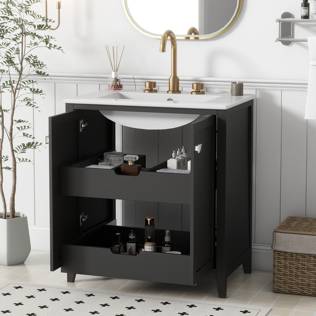 30Inch Freestanding Bathroom Vanity Combo With Ceramic Sink Shaker Style Vanities 2 Doors And 2 Drawers Black Bathroom Solid Wood Mdf