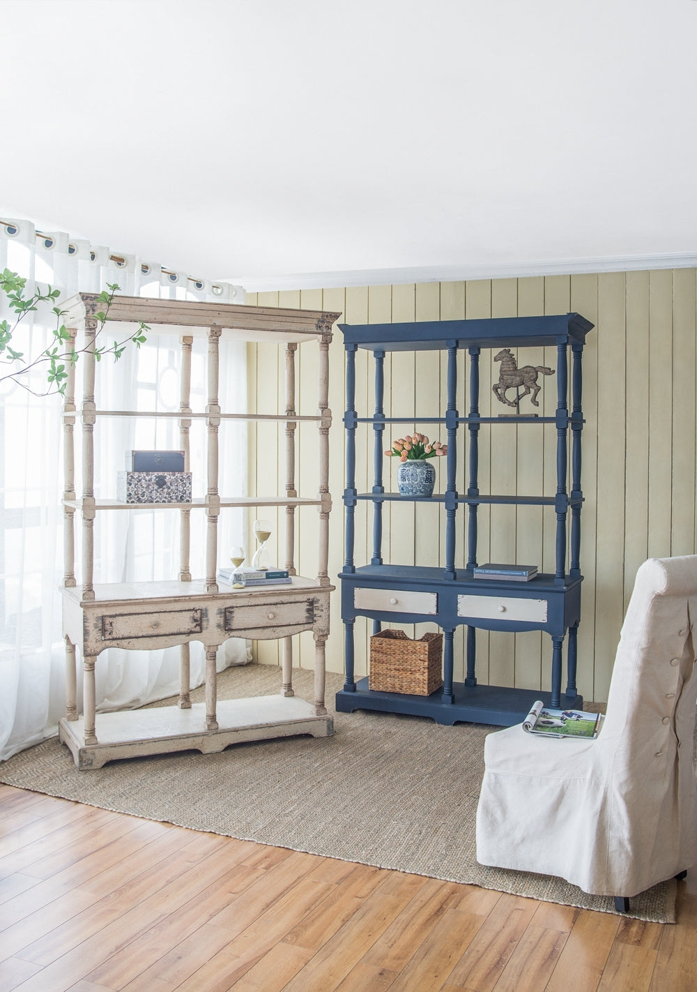 51X19.5X81.5", Blue Four Tiered Wooden Shelf With Two Drawers, Farmhouse Wood Bookcase Display Storage Shelf Etageres Antique Navy Blue Antique,Boho,Farmhouse,French Country Wood