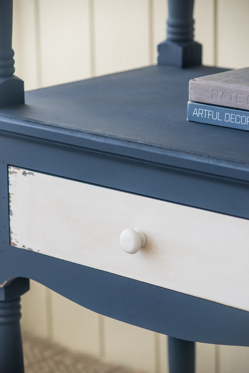 51X19.5X81.5", Blue Four Tiered Wooden Shelf With Two Drawers, Farmhouse Wood Bookcase Display Storage Shelf Etageres Antique Navy Blue Antique,Boho,Farmhouse,French Country Wood