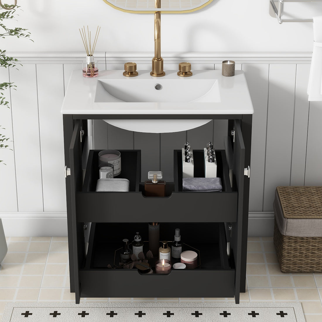 30Inch Freestanding Bathroom Vanity Combo With Ceramic Sink Shaker Style Vanities 2 Doors And 2 Drawers Black Bathroom Solid Wood Mdf