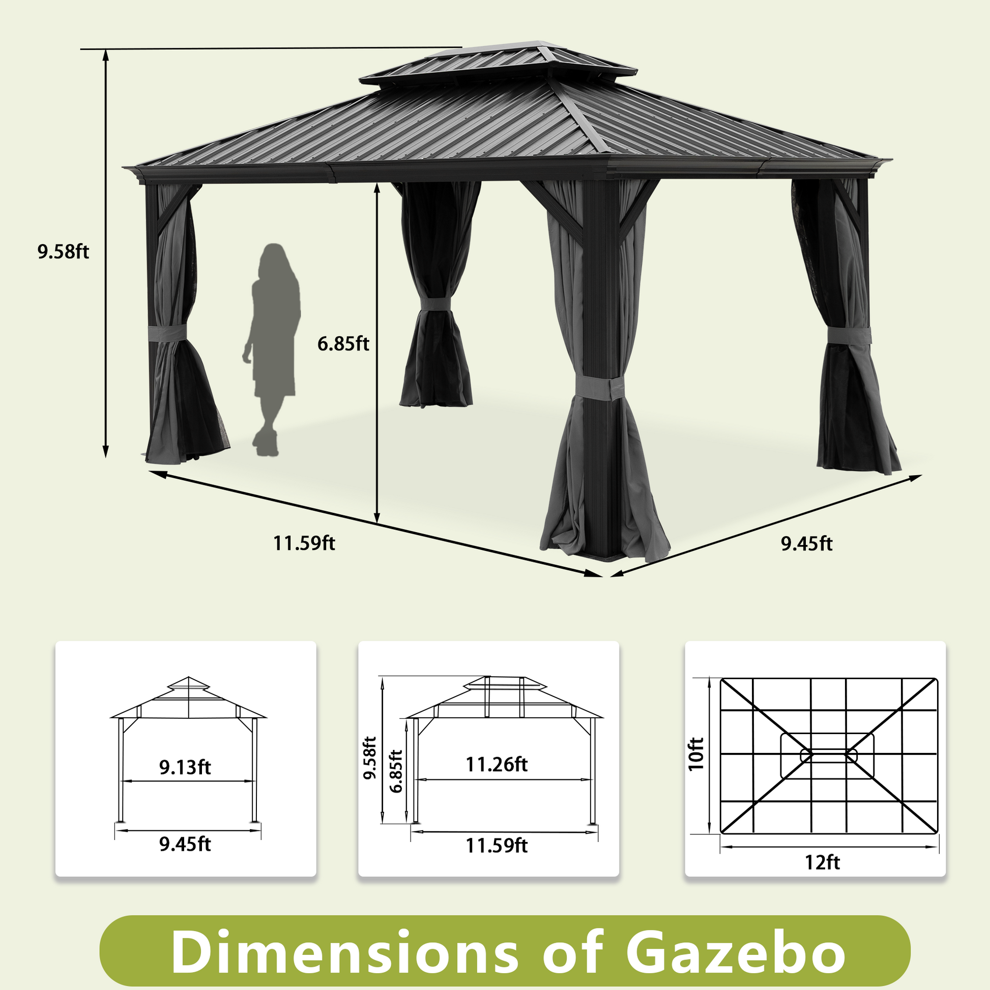 10X12Ft Hardtop Gazebo With Netting & Curtain, Black Black Rectangular Garden & Outdoor Uv Resistant Gazebos Anchored Aluminium Alloy