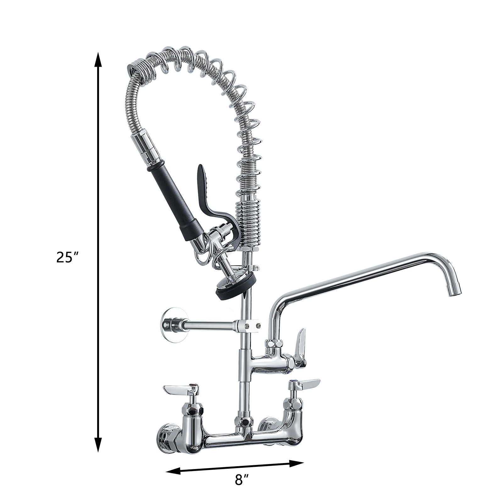 Commercial Kitchen Faucet Deck Mount With Pre Rinse Sprayer 21" Height Kitchen Sink Faucet 8 Inch Center With 10" Add On Swing Spout Faucet & Coiled Spring Pull Down Spray Chrome Kitchen