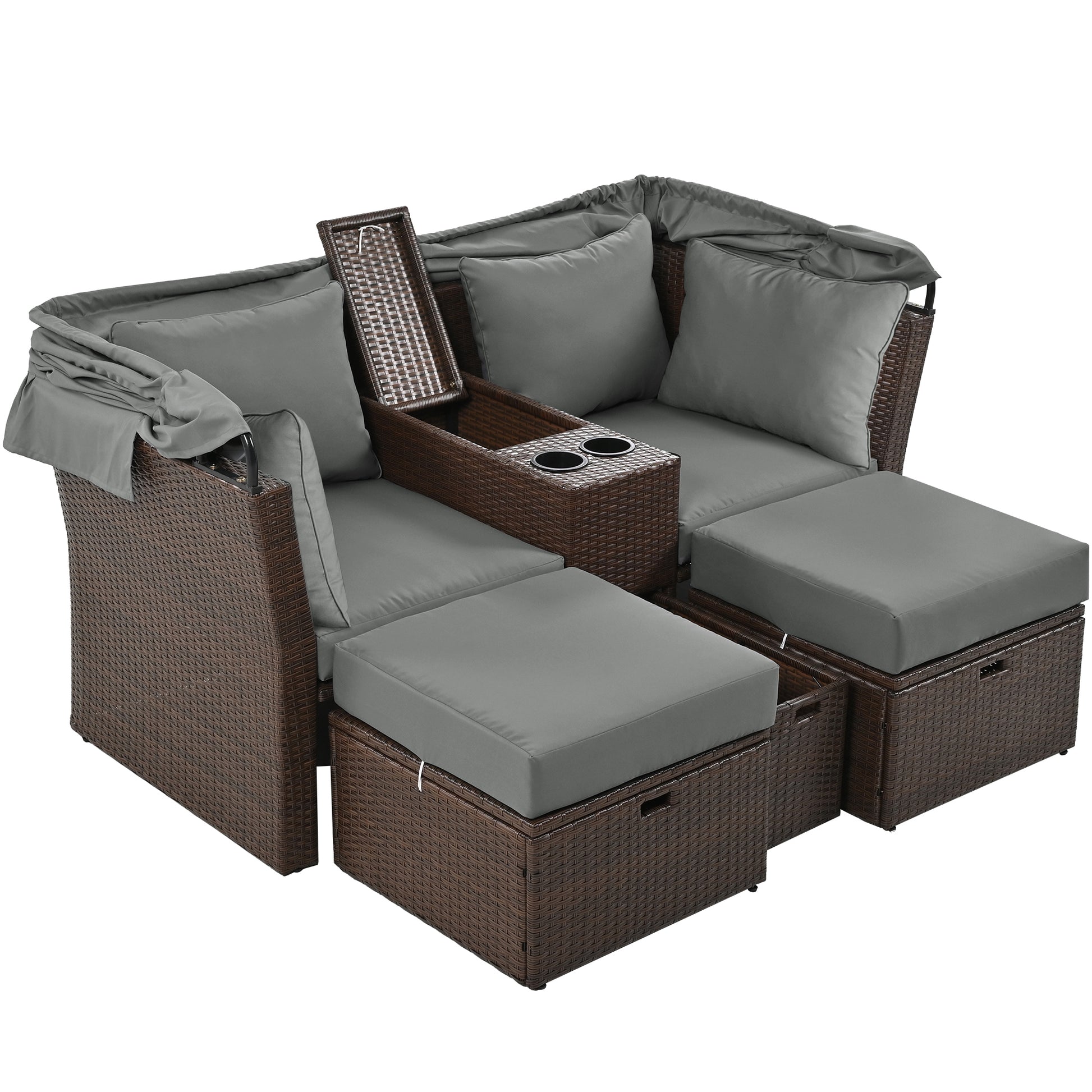 2 Seater Outdoor Patio Daybed Outdoor Double Daybed Outdoor Loveseat Sofa Set With Foldable Awning And Cushions For Garden, Balcony, Poolside, Grey Yes Grey Water Resistant Frame Water Resistant Cushion Garden & Outdoor Sectional Seating Groups Foam