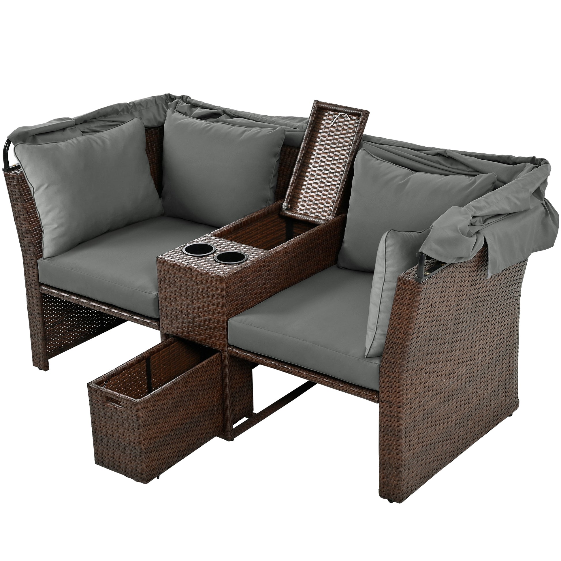 2 Seater Outdoor Patio Daybed Outdoor Double Daybed Outdoor Loveseat Sofa Set With Foldable Awning And Cushions For Garden, Balcony, Poolside, Grey Yes Grey Water Resistant Frame Water Resistant Cushion Garden & Outdoor Sectional Seating Groups Foam